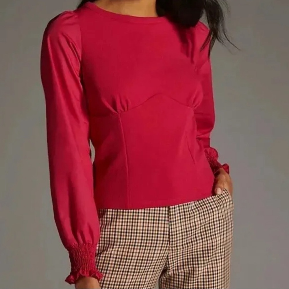 Anthropologie Structured Top w/ Shirred Cuffs in Wine, Sz M